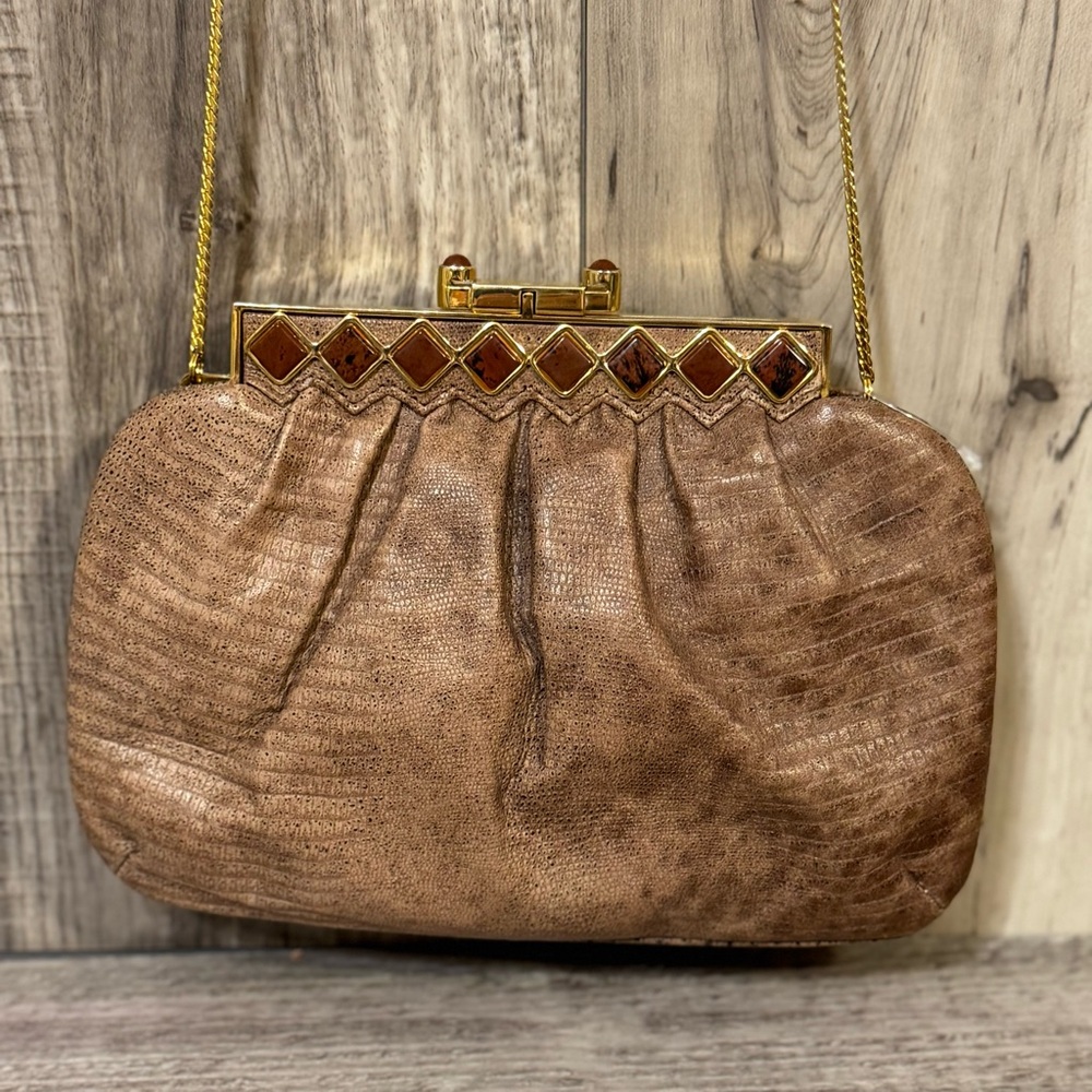 Ashreil Elegant Brown Clutch Bag with gold strap